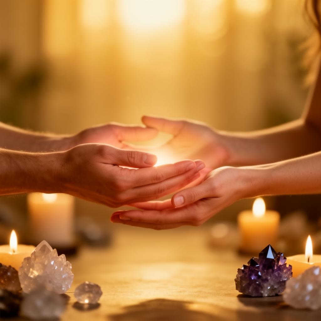 Mãos em prática de terapia energética com cristais e velas ao fundo